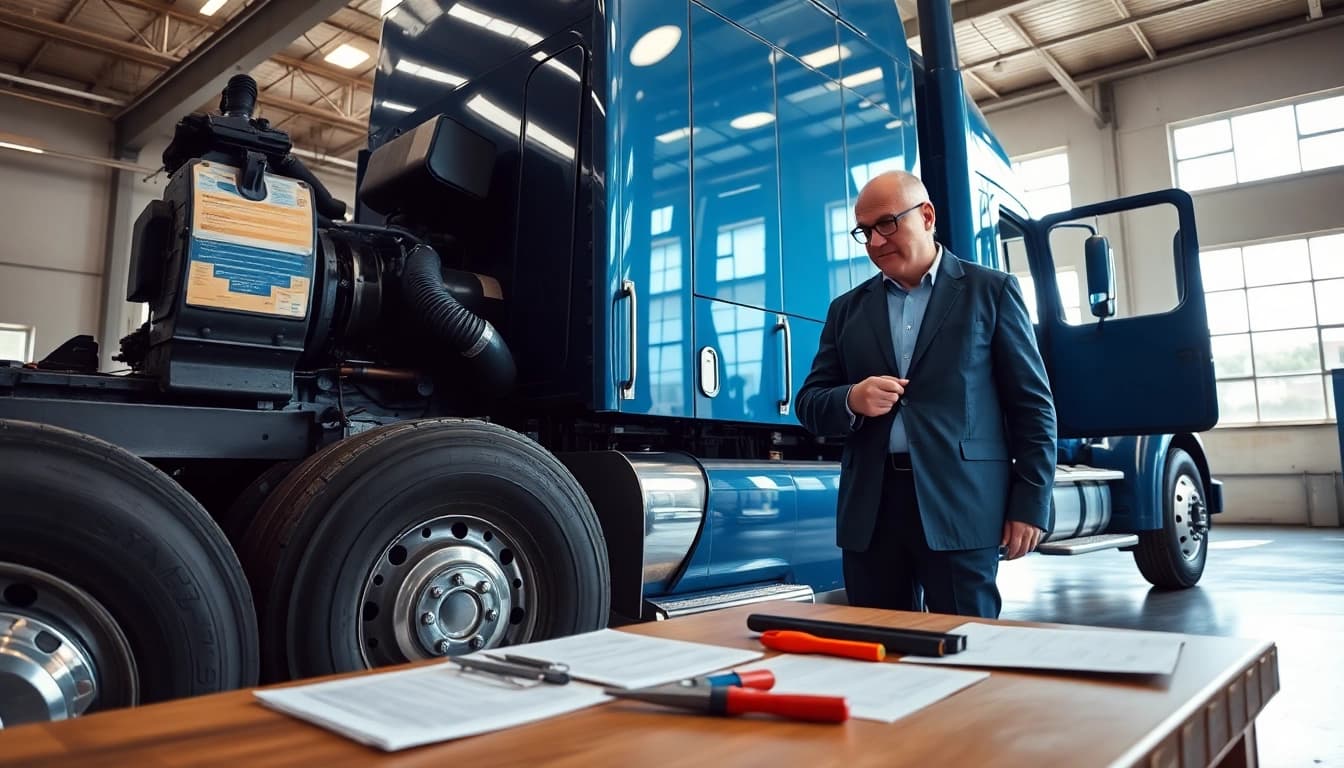 Semi Truck Appraiser meticulously assessing a large semi-truck in a professional workshop setting.