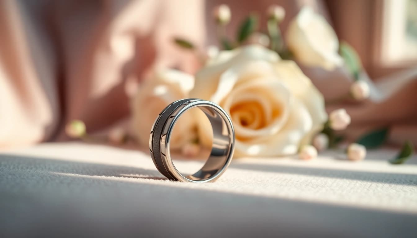 Gaboni Jewelers tungsten wedding band displayed elegantly with polished details.