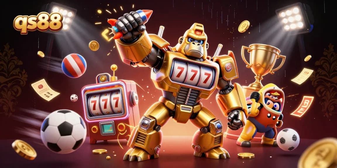 Experience thrills at qs88 with a golden gorilla mech symbolizing exciting casino adventures