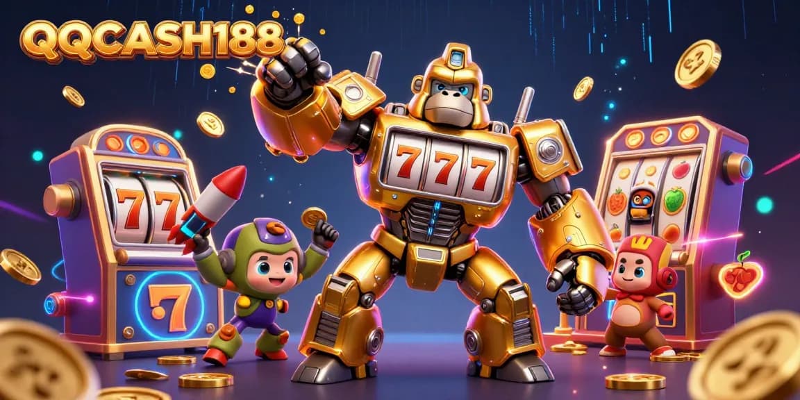 Join QQCASH188 in an exciting 3D casino scene featuring a slot machine mech and dynamic game elements.