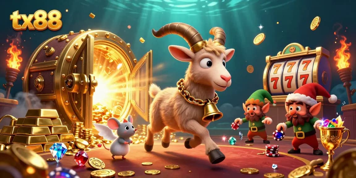 Experience the thrill of tx88 casino with 3D Krampus, angel mouse, and gremlins amidst gold treasures.
