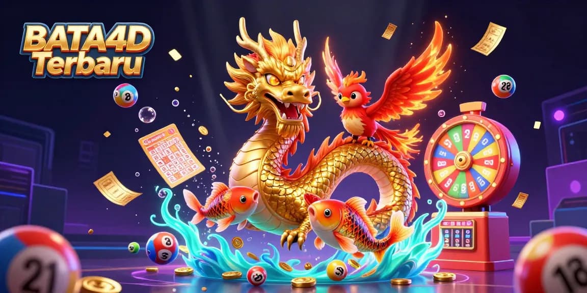 BATA4D Terbaru captivates players with golden dragon and phoenix amidst vibrant casino elements.