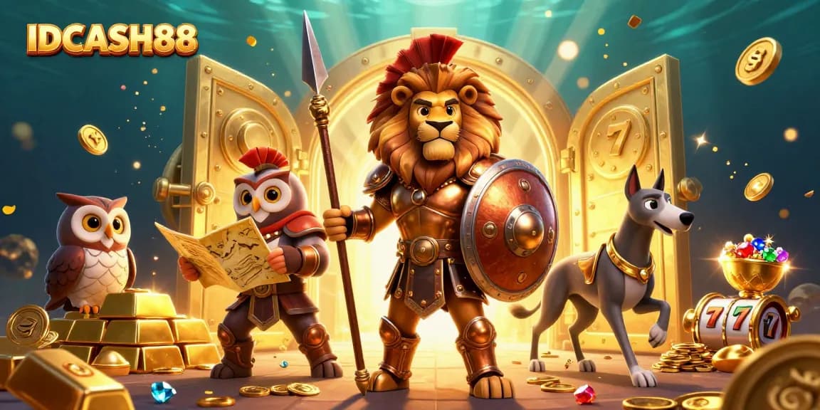 Experience thrilling wins with IDCASH88 in a vibrant casino-themed 3D illustration featuring iconic characters.