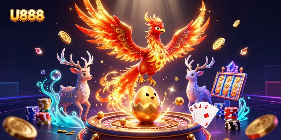 U888 brings thrilling casino action with a phoenix and stag in a vibrant gambling scene.