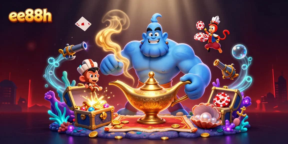 Experience the magic of ee88h as a blue genie bursts from a lamp amid coral-filled treasures and poker chips.