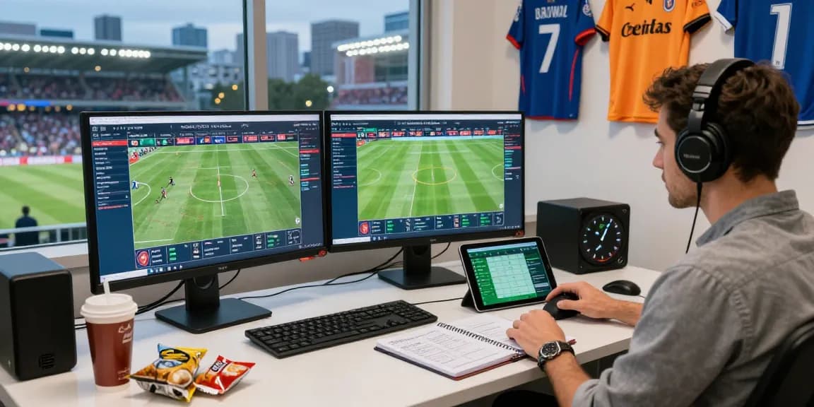 Sports analyst reviewing game data for Prediksi 7meter insights in dynamic workspace.