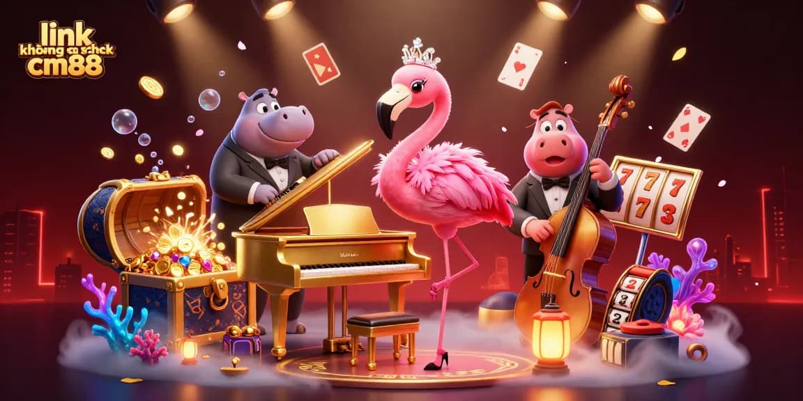 Experience thrilling fun with link không chặn cm88 at vibrant casino scene featuring singer and hippo bassist.