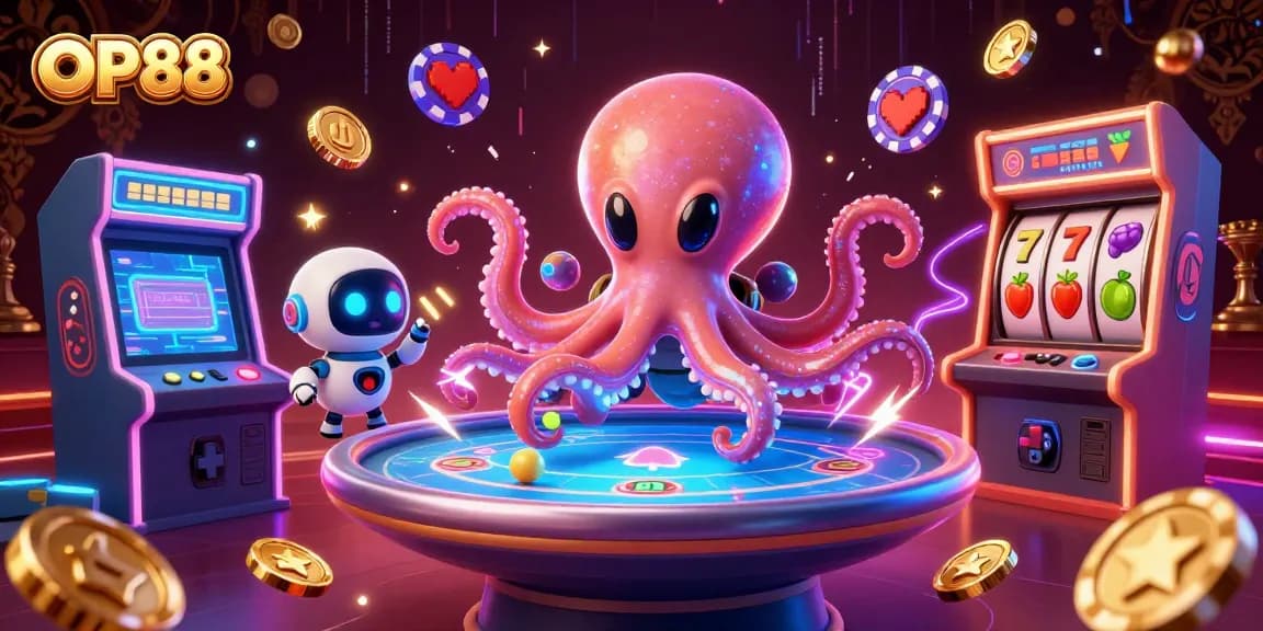 OP88 alien octopus at a holographic poker table surrounded by vibrant casino elements