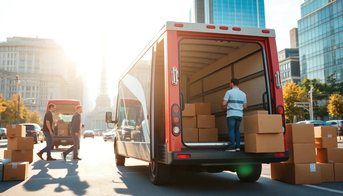 Movers from moving companies across provinces packing a van in an urban environment.