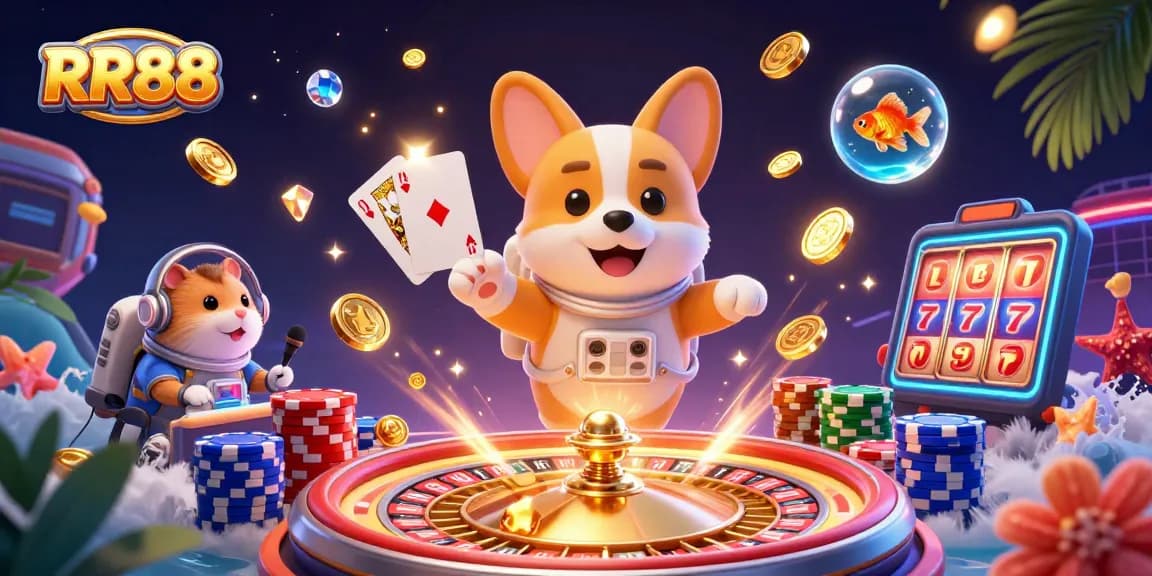 Play and win at RR88 in a dynamic casino space scene with cartoon characters.