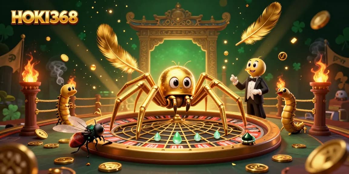 Experience excitement at HOKI368 with a golden spider, roulette wheel, and a centipede croupier amidst dramatic gambling elements.