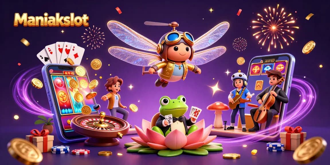 Experience the excitement of Maniakslot with a vibrant 3D casino scene featuring a dragonfly pilot and frog croupier.