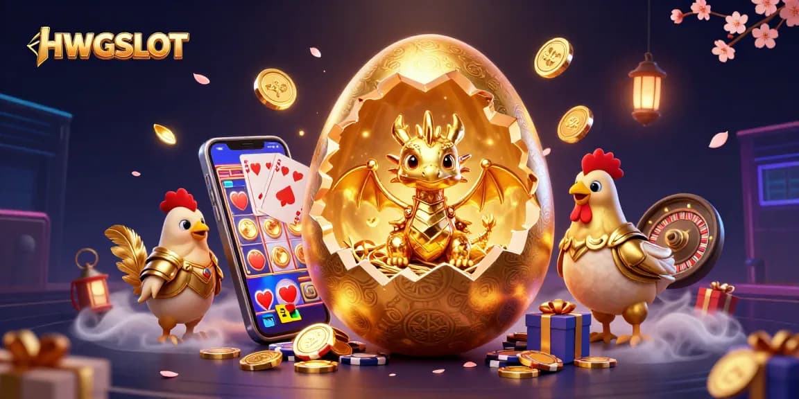 Experience the excitement of HWGSLOT with a golden dragon and vibrant casino elements in this engaging digital art.