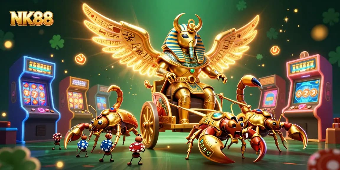 Engage in exciting gameplay with NK88 featuring a glorious scene of a golden beetle on a mystical chariot.
