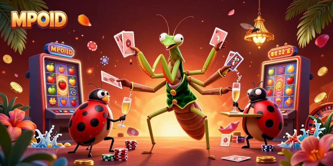 Engage with MPOID at the casino, featuring vibrant slot machines, a card sharp, and a pit boss.