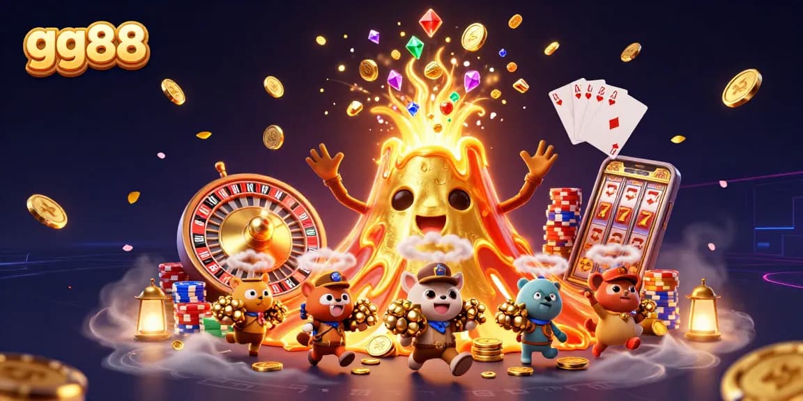 Experience exciting wins at gg88 with a vibrant 3D casino scene featuring a golden volcano and treasures.