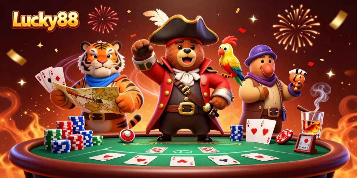 Lucky88 pirate scene with a bear captain, tiger first mate, and vibrant poker elements.