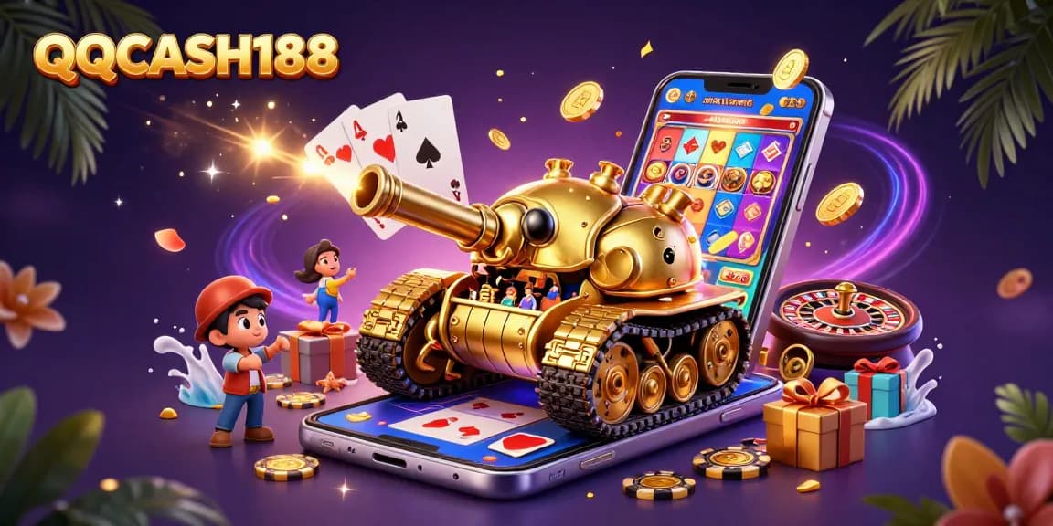 Engage with QQCASH188's vibrant 3D casino scene featuring animated games and dynamic elements.