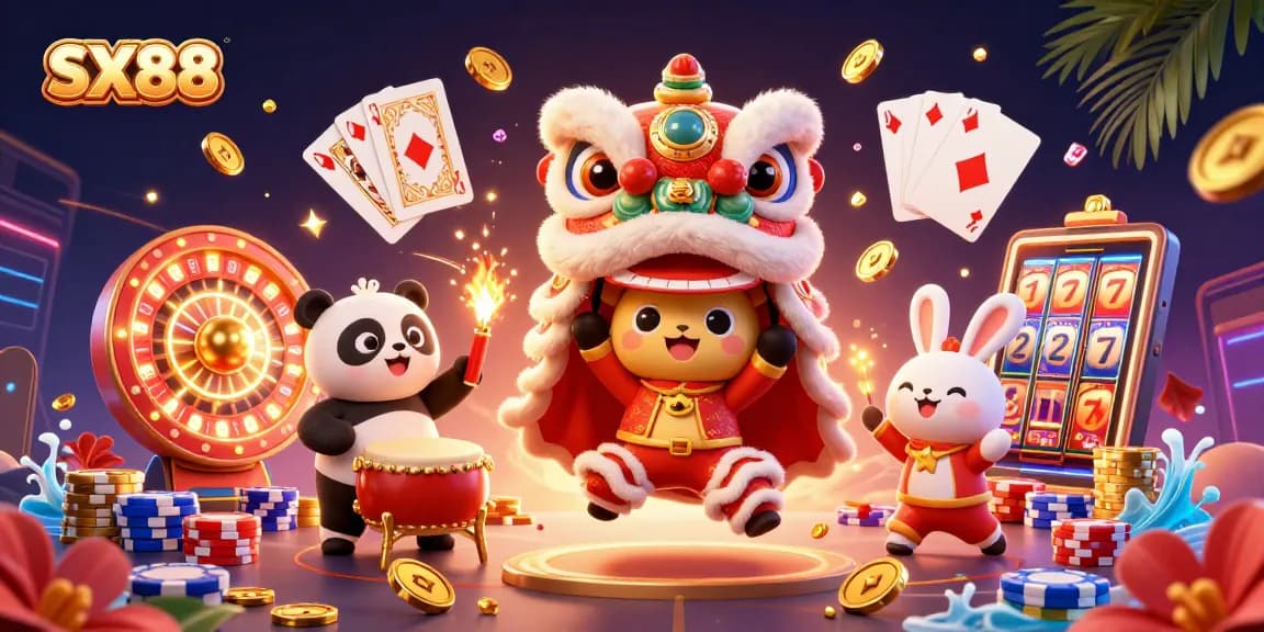 SX88 showcases a vibrant lion dance scene amidst cascading coins and dynamic casino elements.
