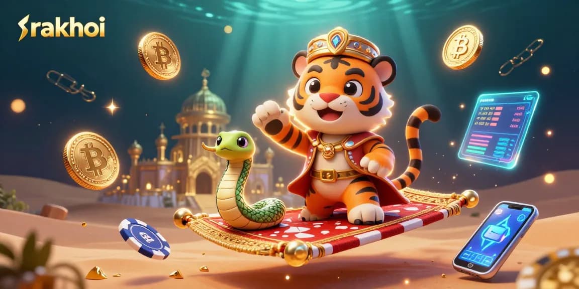 Engage with rakhoi live streaming action featuring a flying carpet and glowing crypto coins.