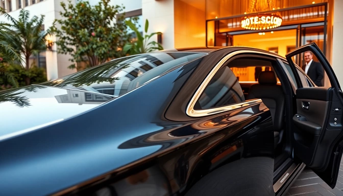 Luxury car service showcasing an elegant vehicle ready for clientele at a hotel.