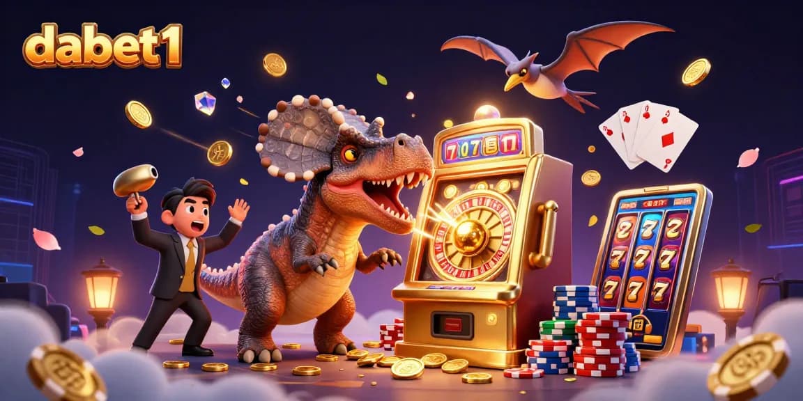 dabet1 delivers a thrilling jackpot scene with characters headbutting a slot machine, surrounded by flying coins.