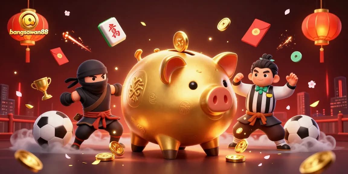 Bangsawan88 showcases thrilling sports betting with a dynamic scene of animated characters and casino elements.