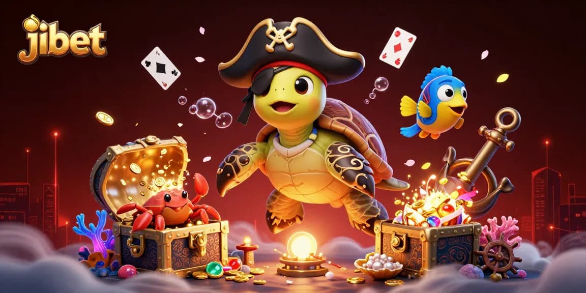 Engage in winning at Jibet Australia, featuring colorful 3D pirate characters amidst treasure and casino elements.