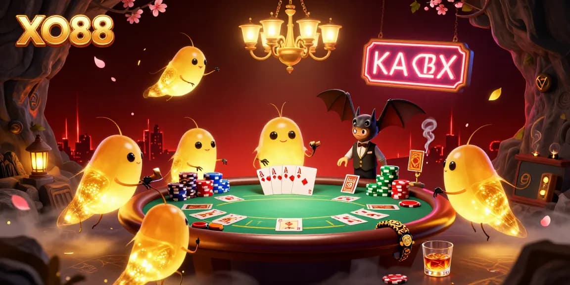 Experience the excitement at XO88 with glowworms illuminating a vibrant poker scene in a mystical cave casino.