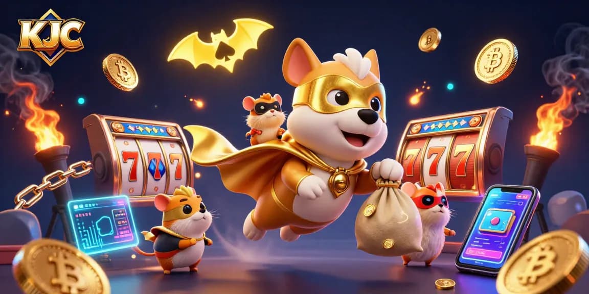 KJC showcases a superhero dog and hamster in a vibrant online casino scene filled with jackpot reels.