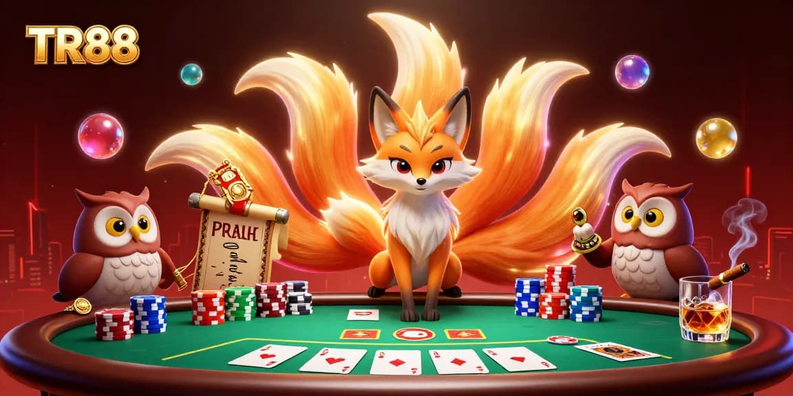 Immerse in the vibrant world of TR88's online gaming with a mystical fox and wise owl amidst a poker scene.