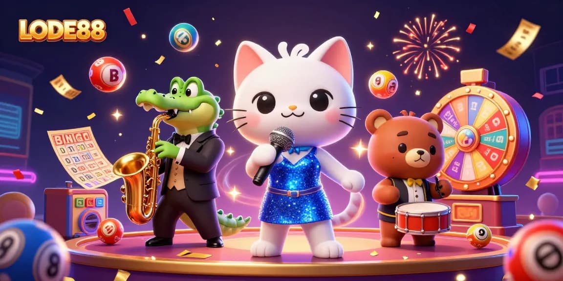 Engage with LODE88 through a vibrant casino celebration featuring musical animals and colorful gambling elements.