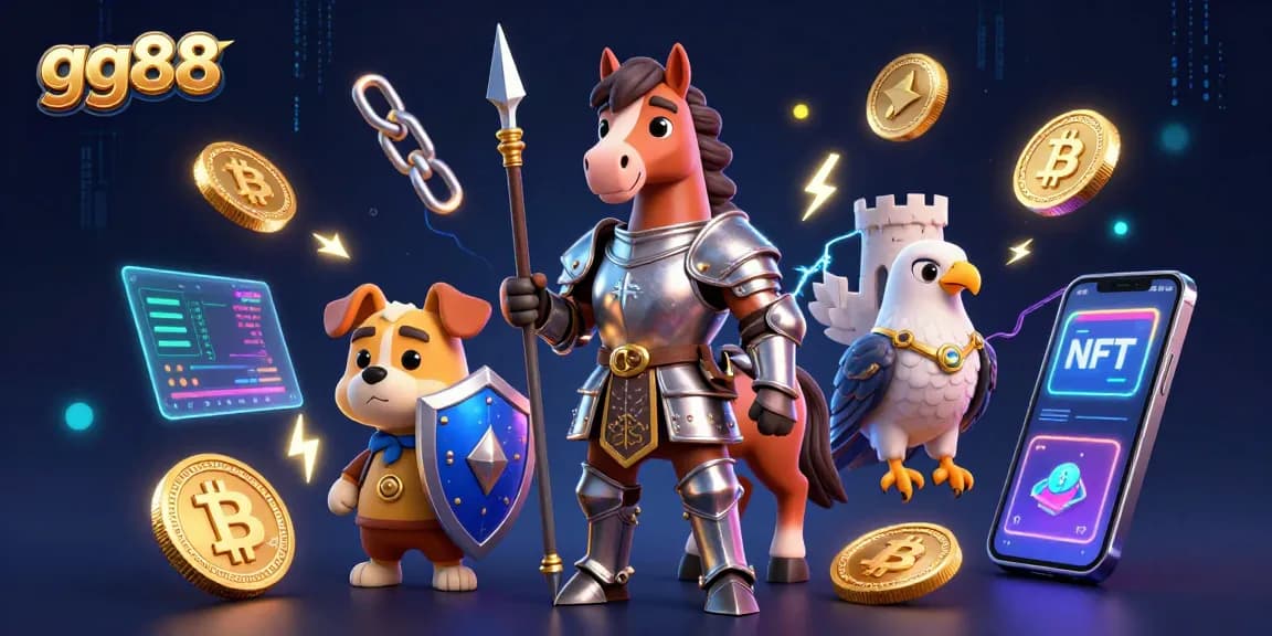 Engage with gg88’s vibrant gaming universe featuring knights, crypto coins, and colorful elements.
