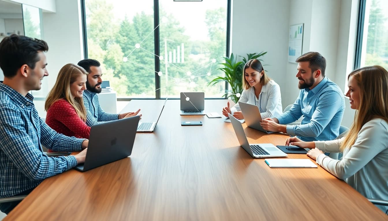 Het team van thelevel.nl bespreekt innovatieve digitale strategieën aan een moderne tafel.