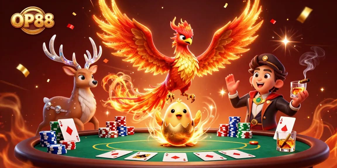 Experience OP88's thrilling atmosphere with a fiery phoenix and poker elements celebrating gaming.