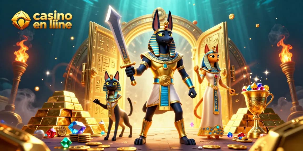 Jouez à casino en ligne avec Anubis et Bastet entourés de trésors et de symboles égyptiens.