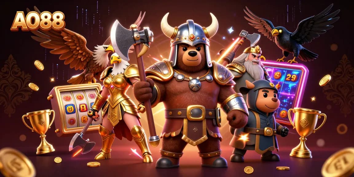 Experience thrilling gameplay at AO88 with a Viking berserker and Valkyrie eagle in an epic casino adventure.