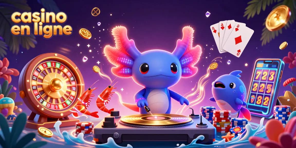 Jouez au casino en ligne avec cet animateur axolotl DJ vibrant et des personnages festifs, entouré de pièces dorées et de jetons colorés.