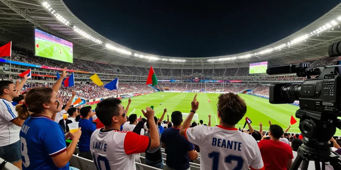 Excited fans at a live football match enjoying real-time updates from 7mcn.