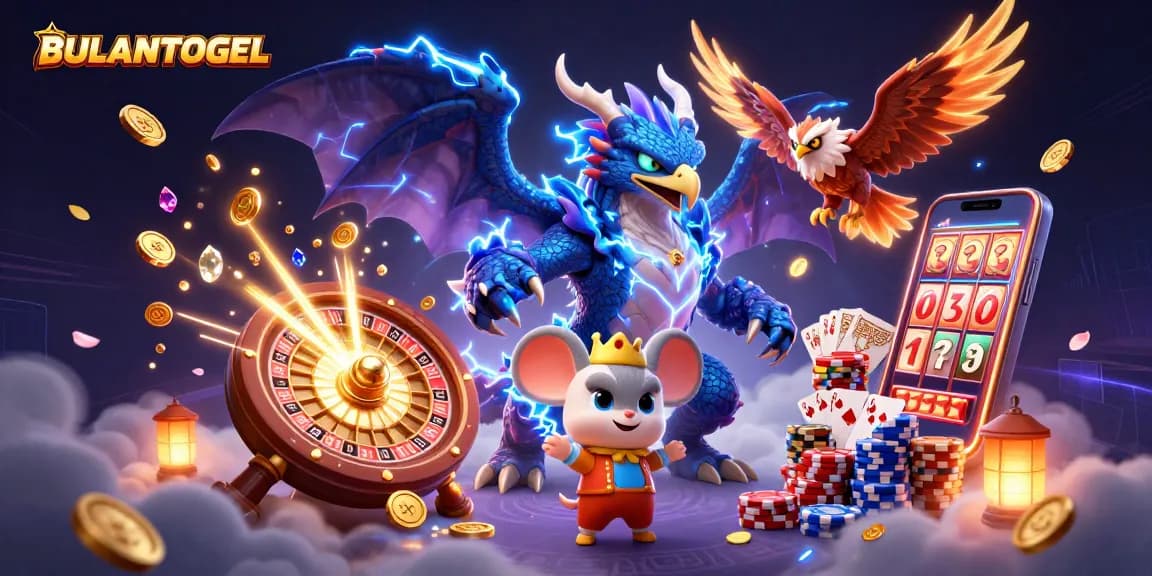 BULANTOGEL showcases a vibrant 3D casino scene featuring dynamic characters and festive game elements.