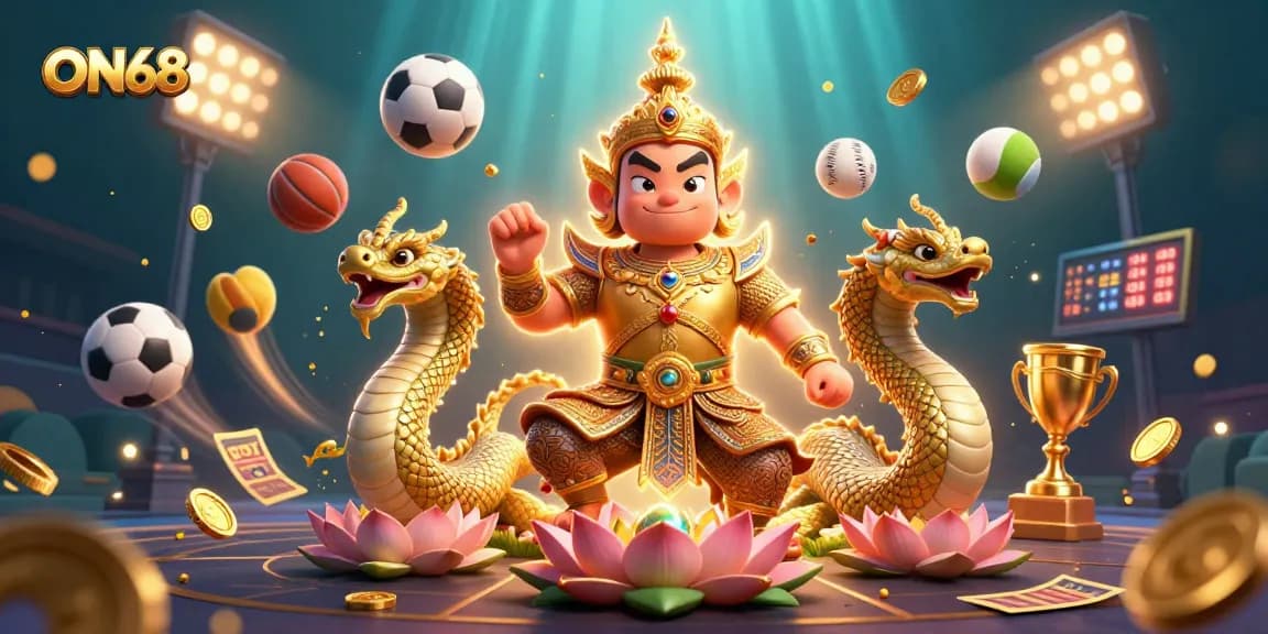 Experience exhilarating gaming at ON68 with a vibrant 3D casino scene featuring dynamic sports elements.