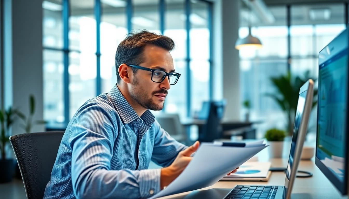 Marketing manager analyzing strategies in a modern office filled with digital reports.