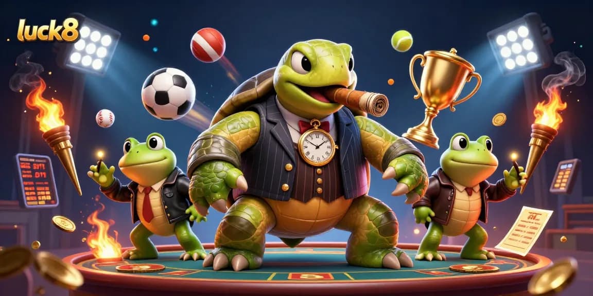 Experience thrilling wins at luck8 with a vibrant casino scene featuring a massive snapping turtle and sports elements.