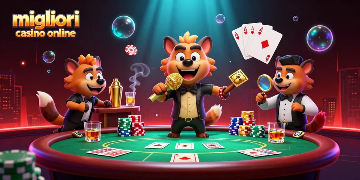 I migliori casino online presentano una scena vivace con i guidi umoristici in azione, mostrando emozioni e intrattenimento.
