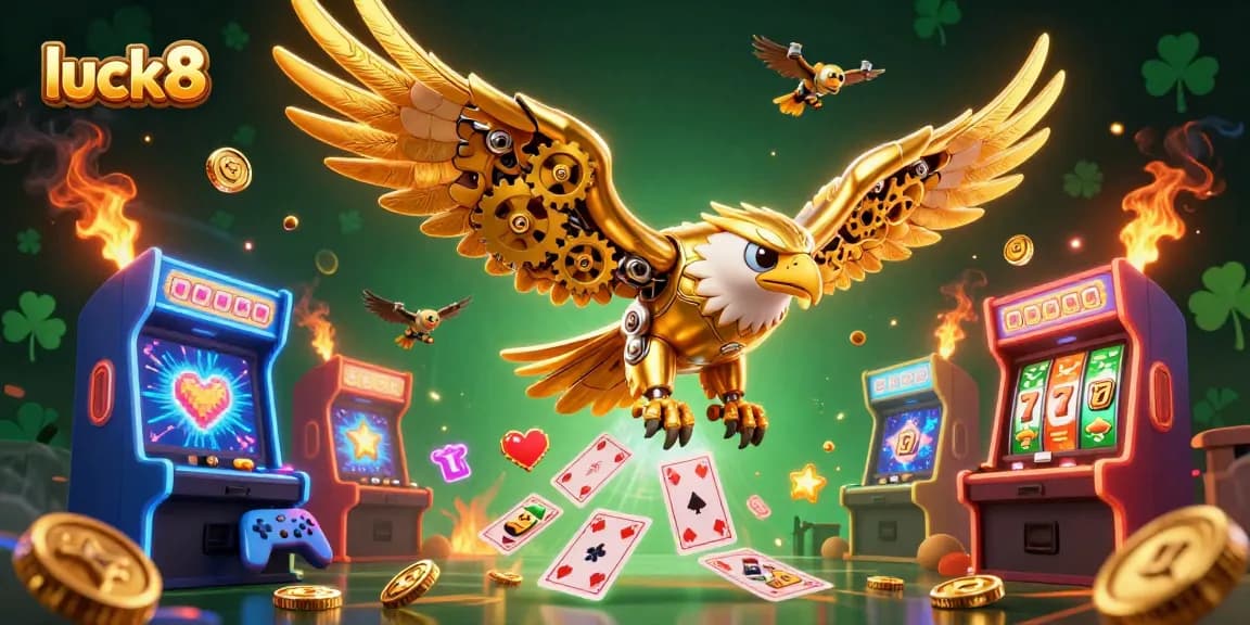 Experience thrilling gameplay with luck8 as a golden eagle dives through holographic cards in a vibrant casino setting.