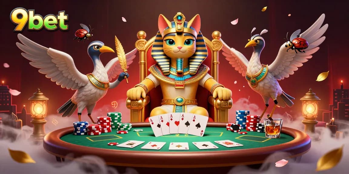 Engage with 9bet through an animated world of poker, featuring a pharaoh cat and dynamic gaming elements.