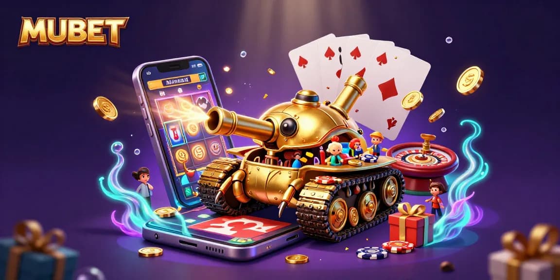MUBET showcases a vibrant 3D casino scene with a golden beetle tank and gambling elements.