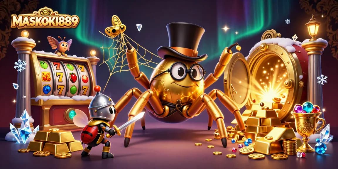 Experience the excitement of MASKOKI889 with slot reels and treasures in a 3D casino illustration.