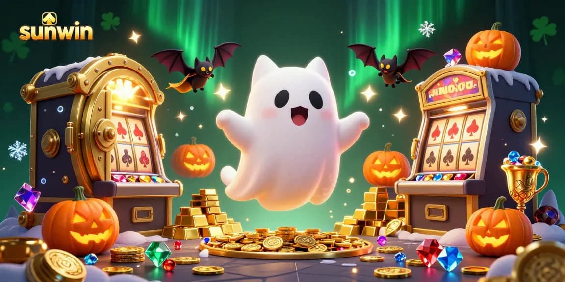 Experience thrilling fun at Sunwin with a ghost cat, vampire bat, and glowing jack-o-lanterns in a haunted casino.