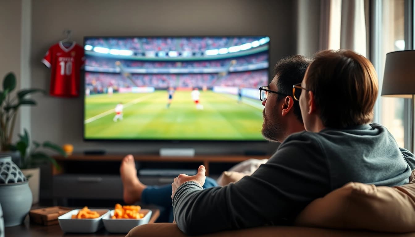 Menyaksikan nonton bola dengan gembira di ruang tamu yang nyaman.